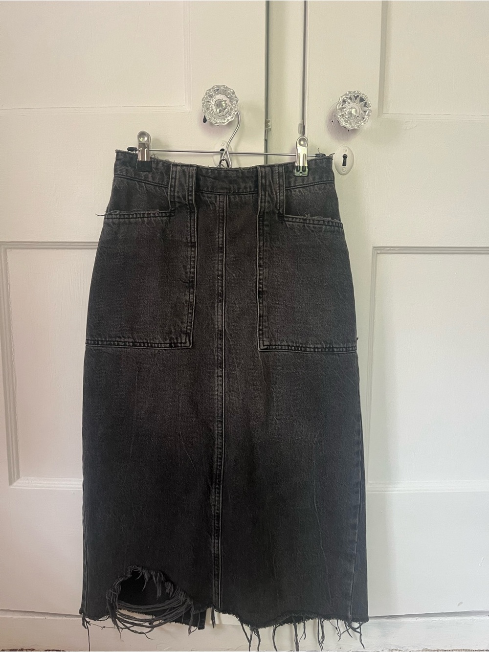 High-Rise Washed Black Denim Midi Skirt with Front Patch Pockets